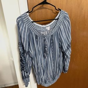 Xhilaration Blue Striped Embroidered Peasant Sleeve Blouse Off the Shoulder